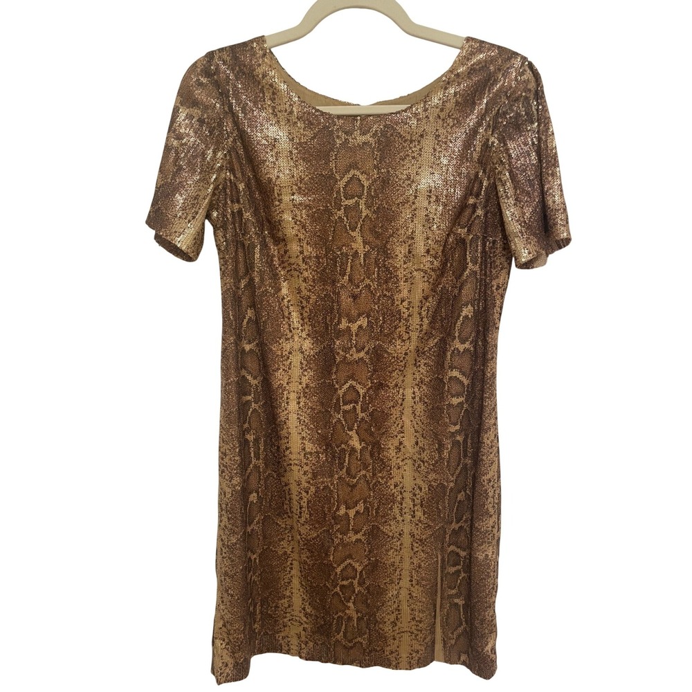 Nieves Lavi New York Dress Size 6‎ Shift Python Gold Sequin Snakeskin Print Silk